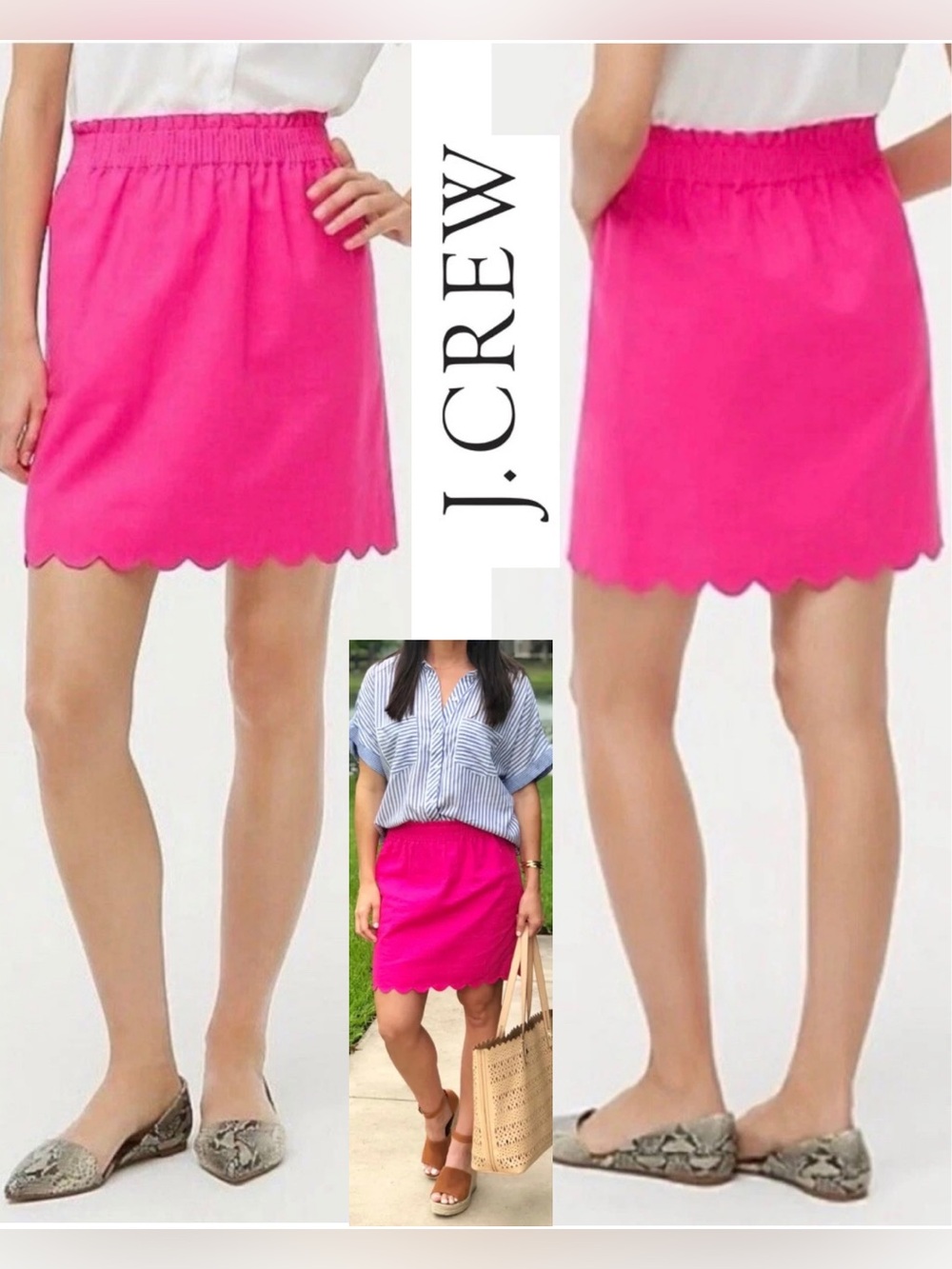 J.Crew Hot Pink Scallop Hem Mini Skirt with Elastic Smocked Waistband Size 0